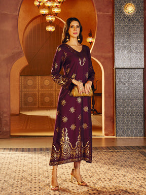 Burgundy Foil Print V-Neck Abaya Dress-Shae By SASSAFRAS 