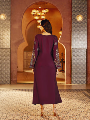 Burgundy Foil Print V-Neck Abaya Dress-Shae By SASSAFRAS 