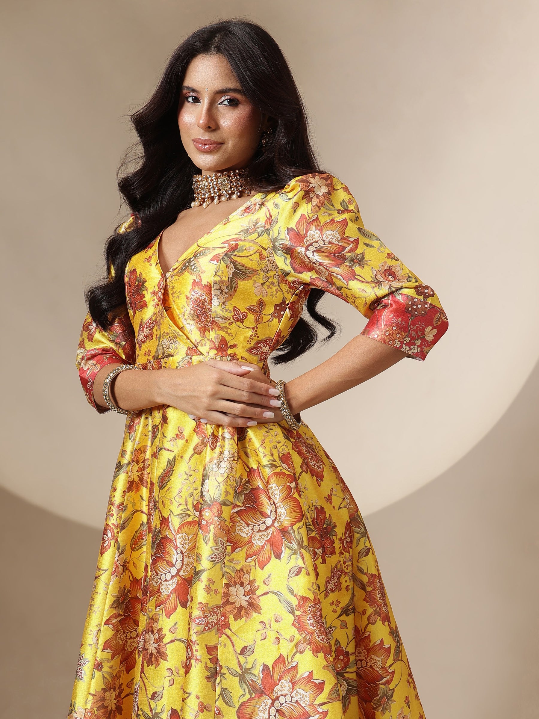 Yellow Floral Wrap Anarkali Maxi Dress-Shae by SASSAFRAS