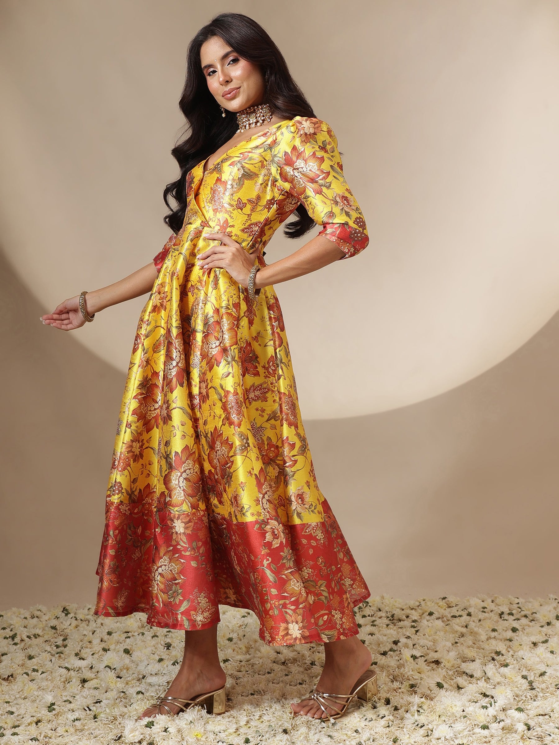 Yellow Floral Wrap Anarkali Maxi Dress-Shae by SASSAFRAS