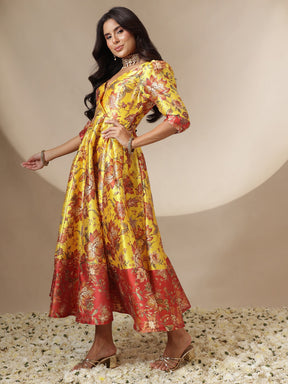 Yellow Floral Wrap Anarkali Maxi Dress-Shae by SASSAFRAS