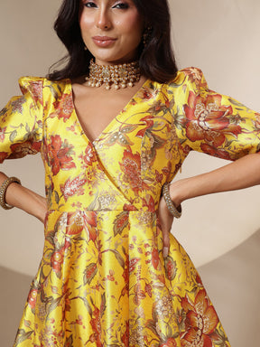 Yellow Floral Wrap Anarkali Maxi Dress-Shae by SASSAFRAS