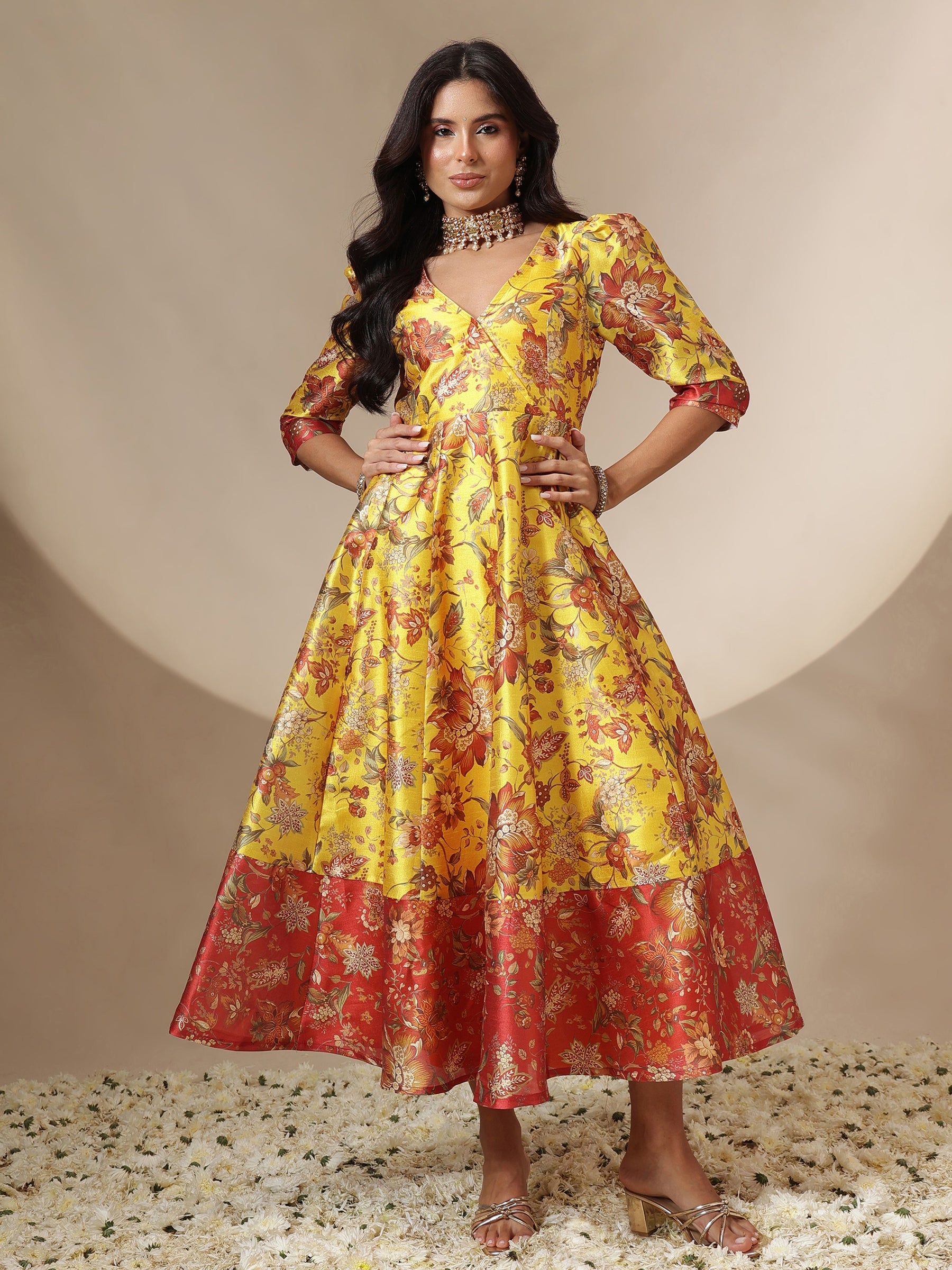 Women Yellow Floral Wrap Anarkali Maxi Dress