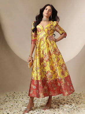Women Yellow Floral Wrap Anarkali Maxi Dress