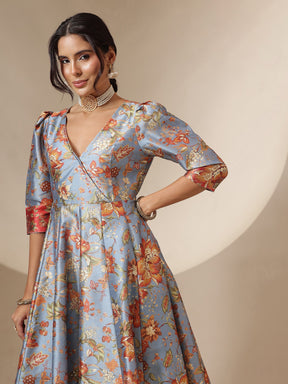 Grey Floral Wrap Anarkali Maxi Dress-Shae by SASSAFRAS