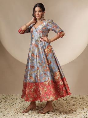 Grey Floral Wrap Anarkali Maxi Dress-Shae by SASSAFRAS