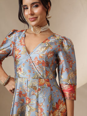 Grey Floral Wrap Anarkali Maxi Dress-Shae by SASSAFRAS