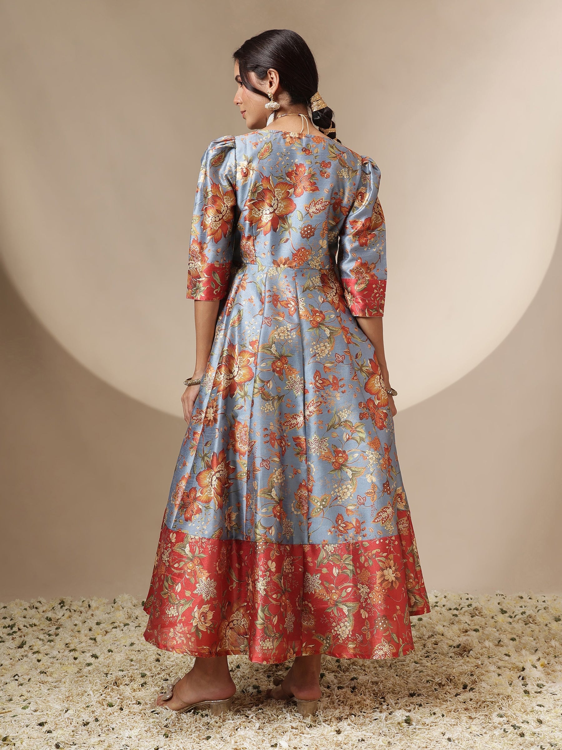 Grey Floral Wrap Anarkali Maxi Dress-Shae by SASSAFRAS
