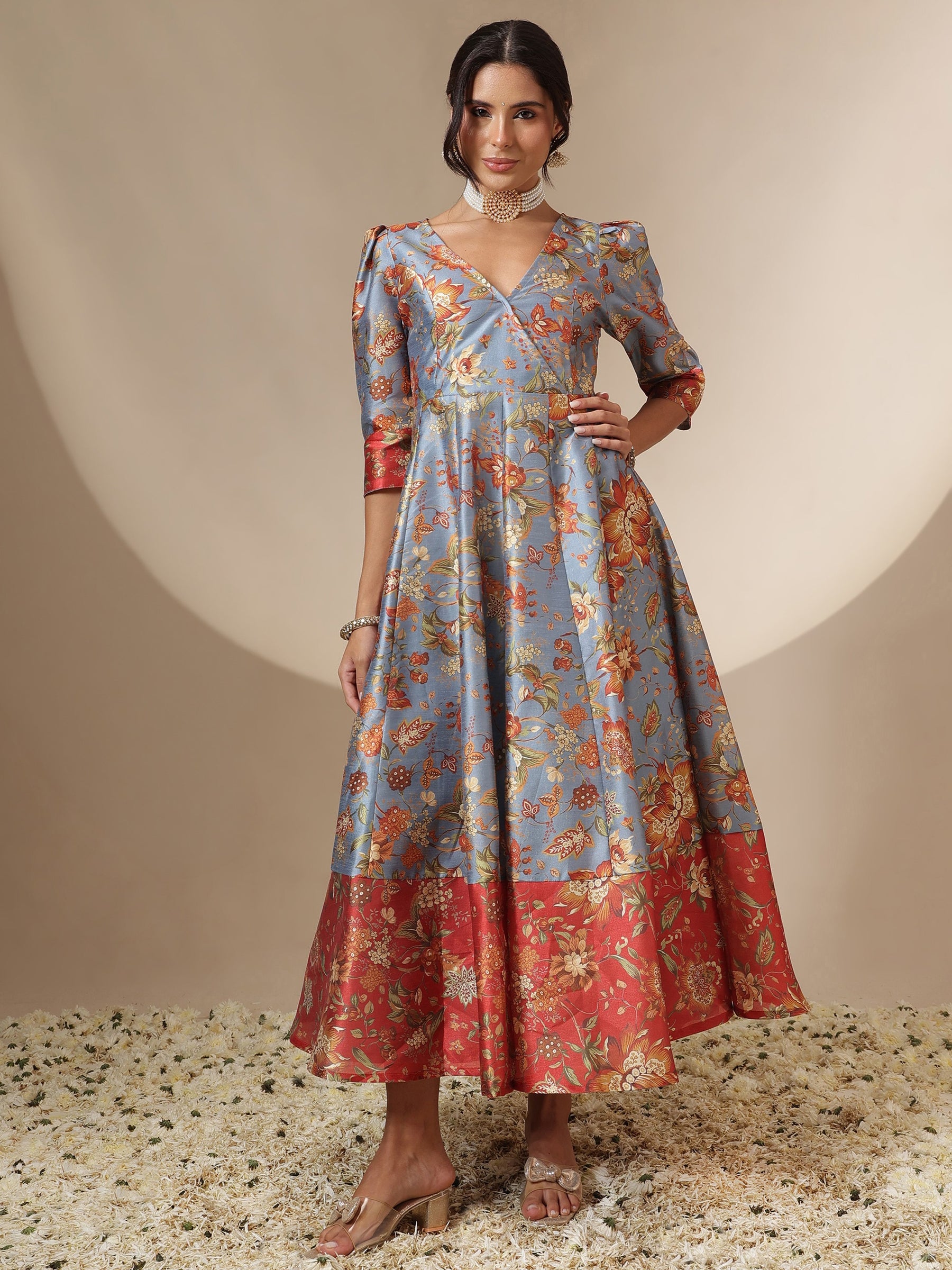 Women Grey Floral Wrap Anarkali Maxi Dress