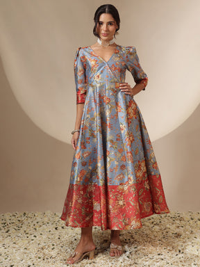 Women Grey Floral Wrap Anarkali Maxi Dress