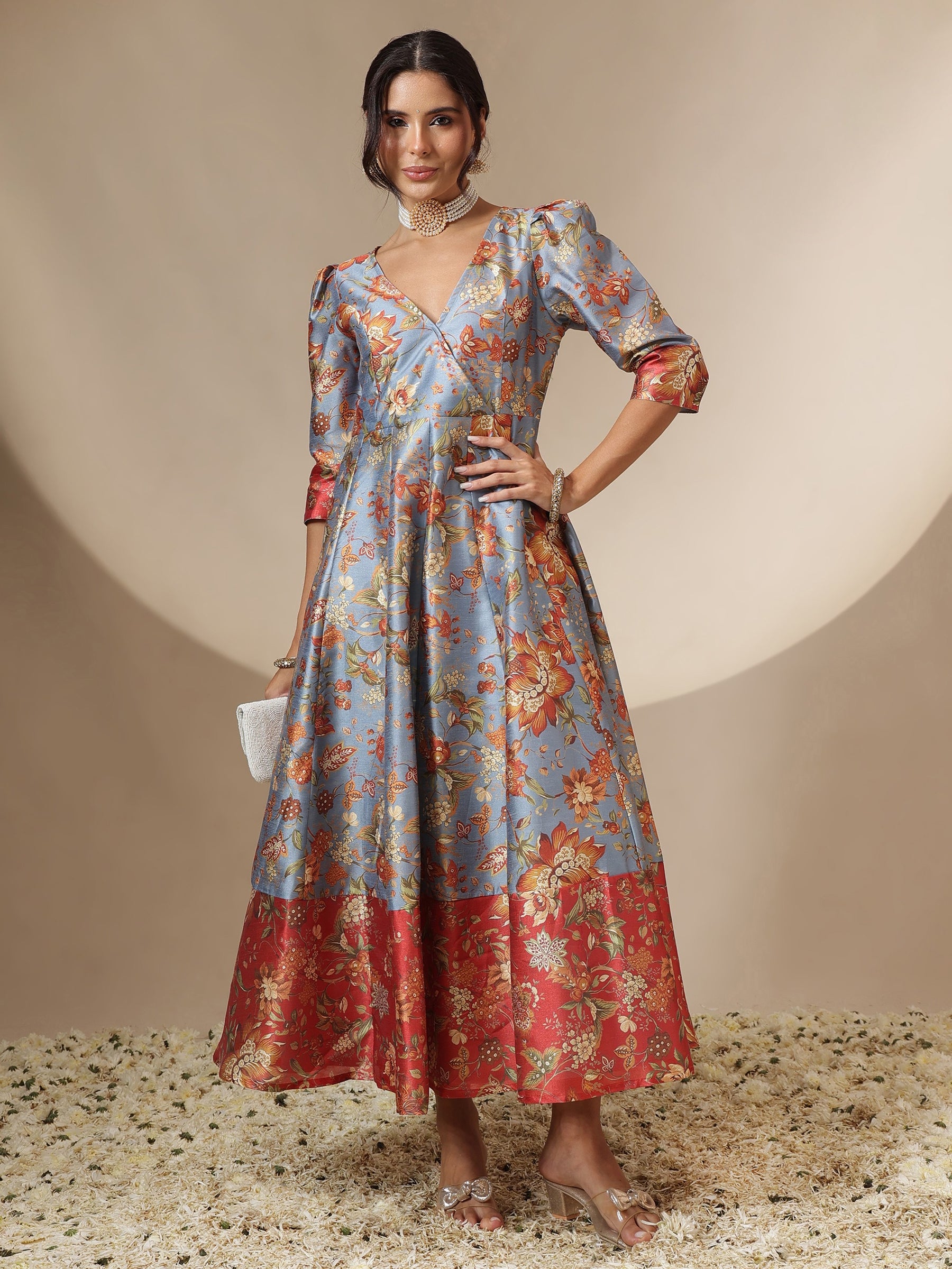 Women Grey Floral Wrap Anarkali Maxi Dress