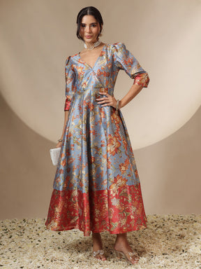 Women Grey Floral Wrap Anarkali Maxi Dress