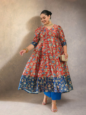 Orange Floral Short Sleeves Anarkali Maxi Dress-Shae by SASSAFRAS