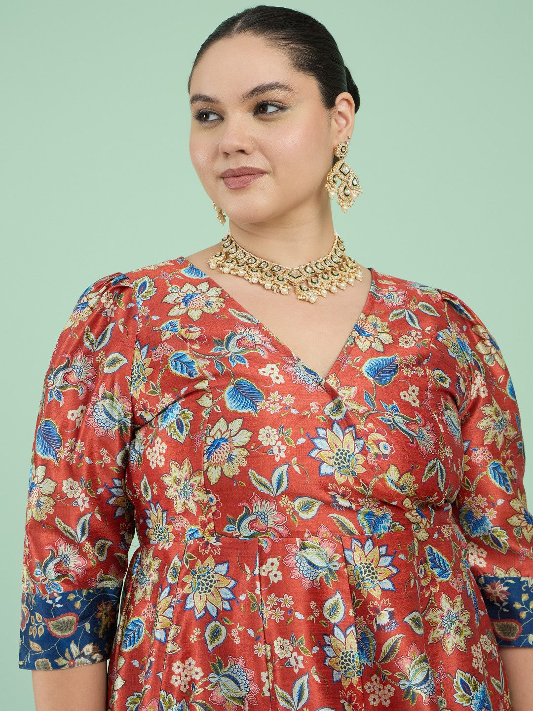 Orange Floral Short Sleeves Anarkali Maxi Dress-Shae by SASSAFRAS