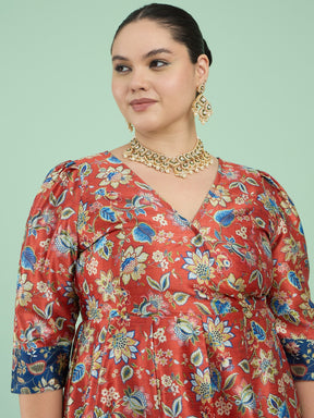 Orange Floral Short Sleeves Anarkali Maxi Dress-Shae by SASSAFRAS