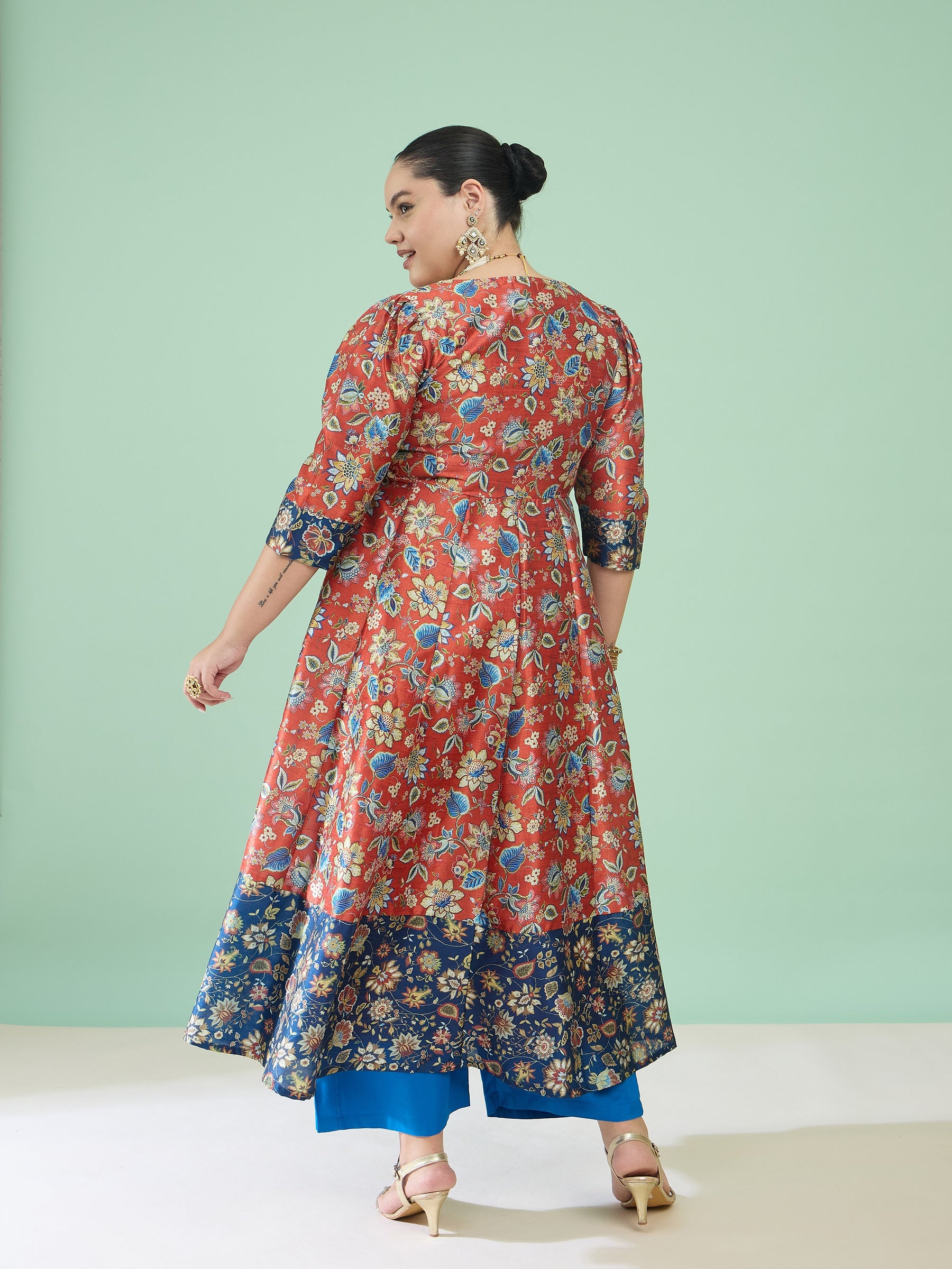 Women Orange Floral Short Sleeves Anarkali Maxi Dress