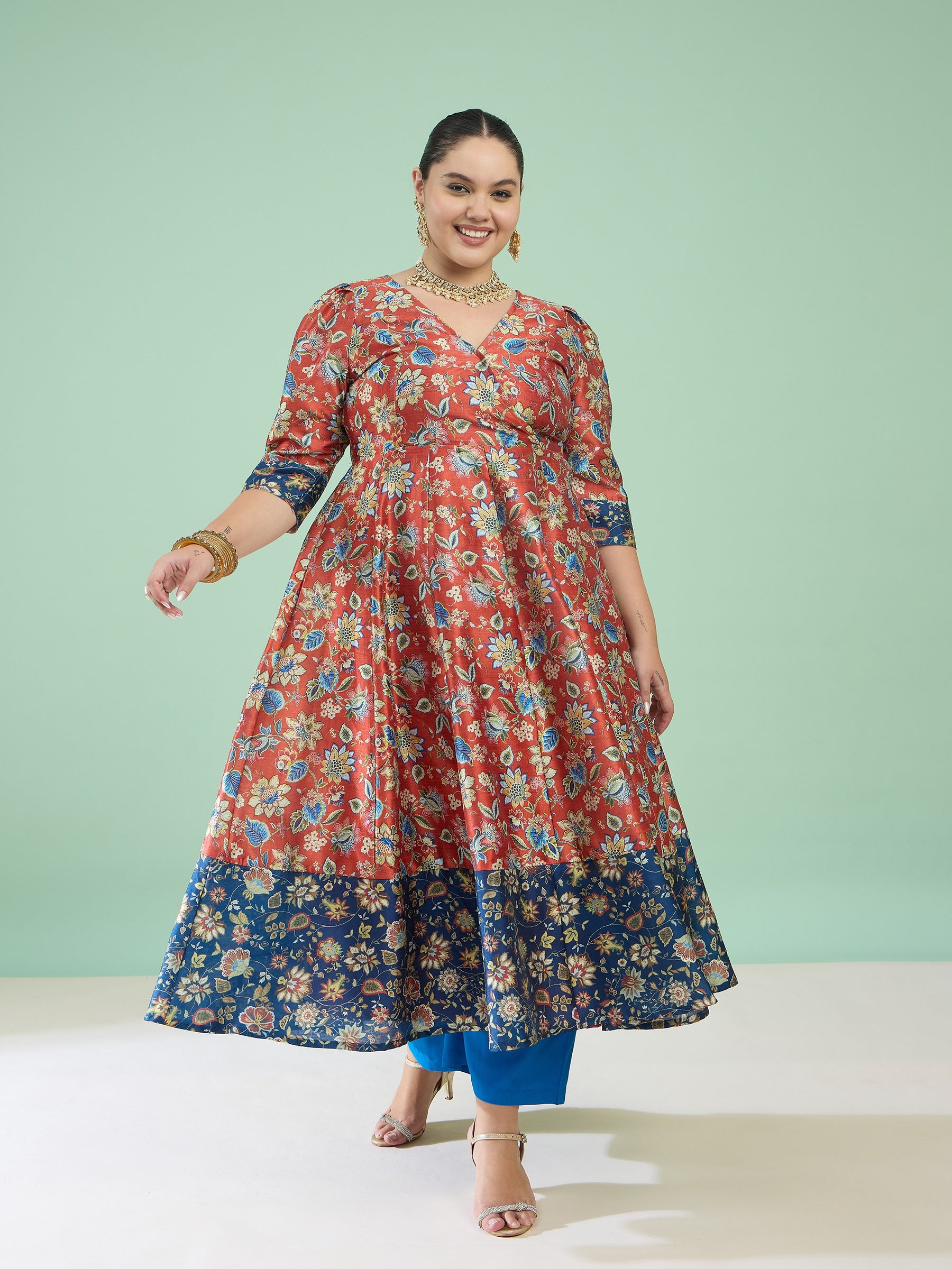 Women Orange Floral Short Sleeves Anarkali Maxi Dress