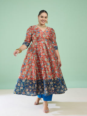 Women Orange Floral Short Sleeves Anarkali Maxi Dress