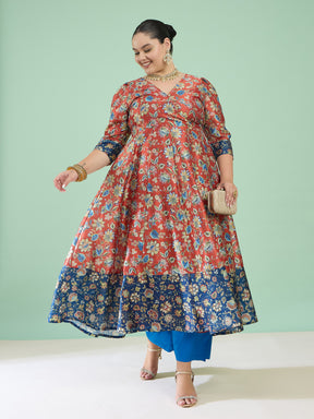 Women Orange Floral Short Sleeves Anarkali Maxi Dress