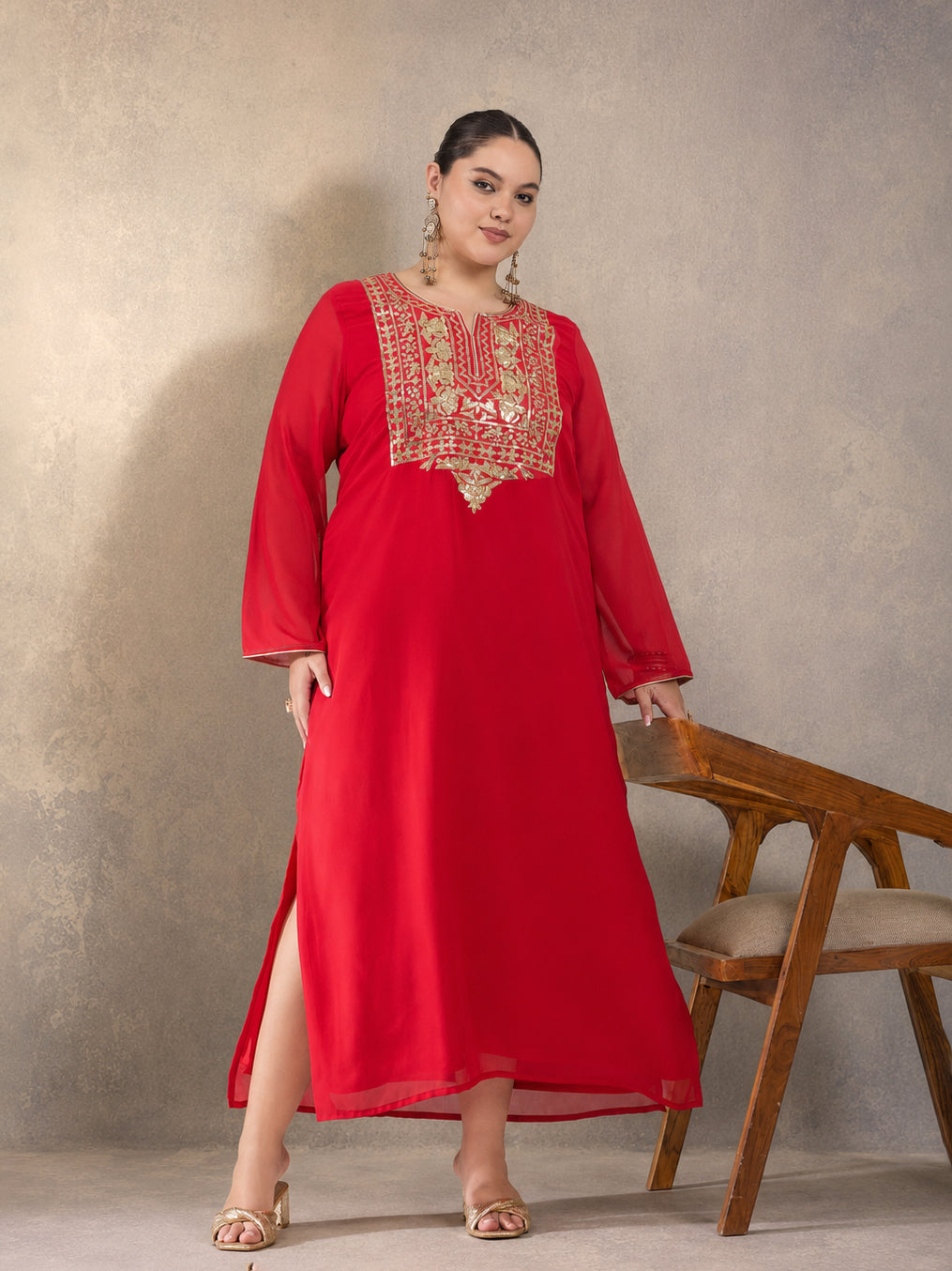 Red Embroidered Round Neck Full Sleeves Abaya Dress-Shae by SASSAFRAS