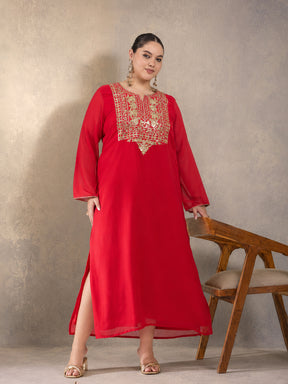 Red Embroidered Round Neck Full Sleeves Abaya Dress-Shae by SASSAFRAS