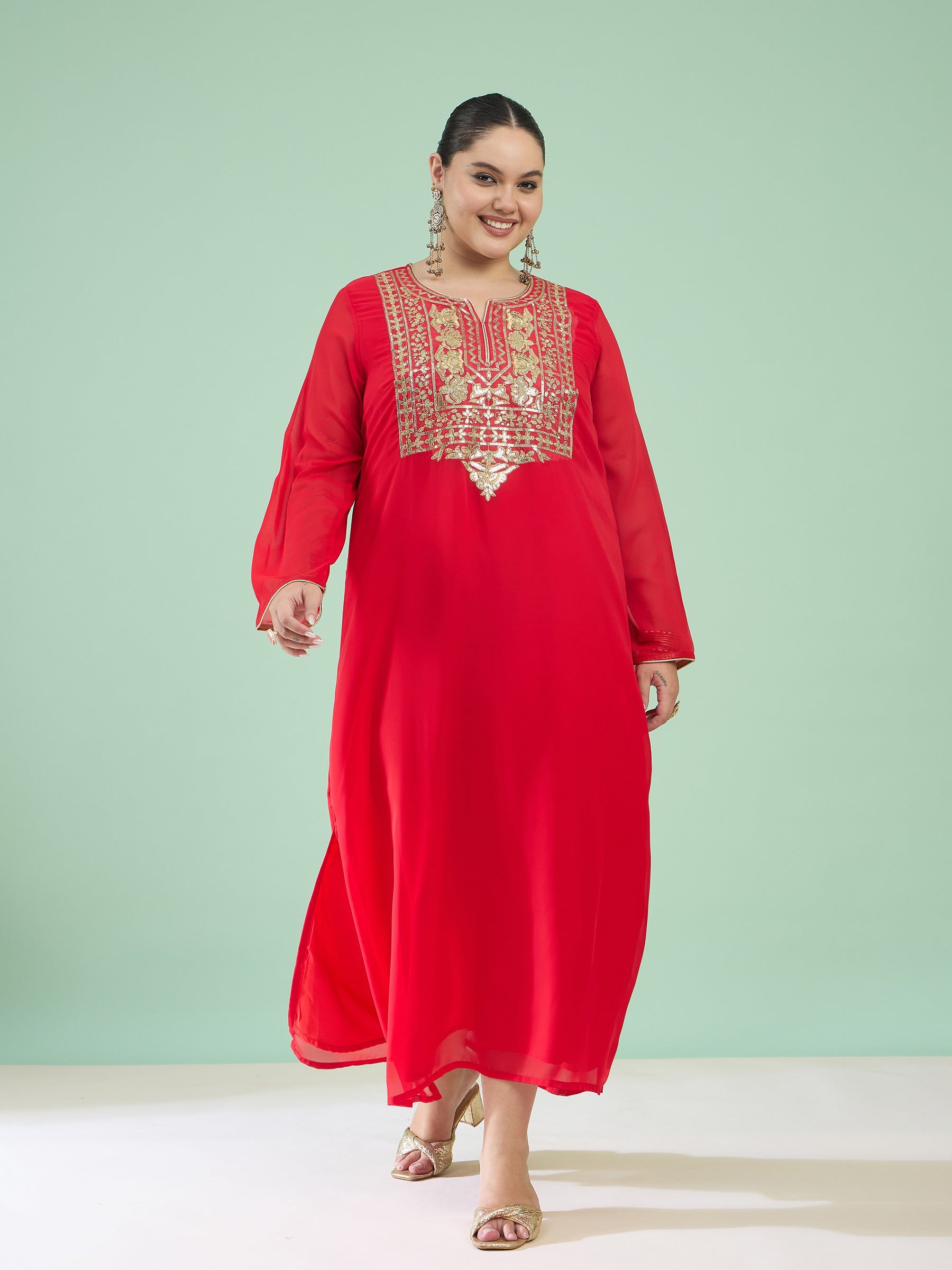 Red Embroidered Round Neck Full Sleeves Abaya Dress-Shae by SASSAFRAS