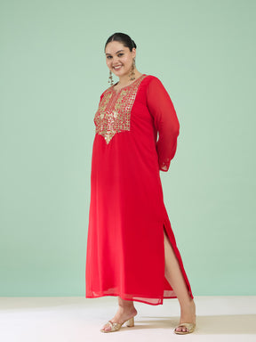 Red Embroidered Round Neck Full Sleeves Abaya Dress-Shae by SASSAFRAS