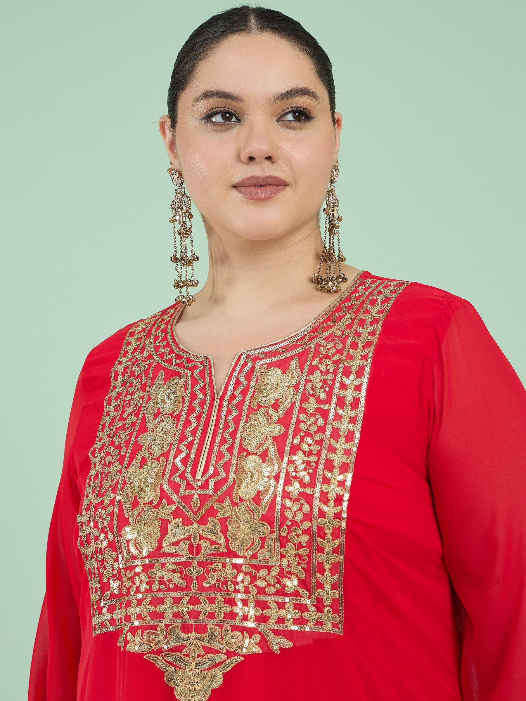 Red Embroidered Round Neck Full Sleeves Abaya Dress-Shae by SASSAFRAS