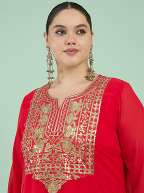 Red Embroidered Round Neck Full Sleeves Abaya Dress-Shae by SASSAFRAS