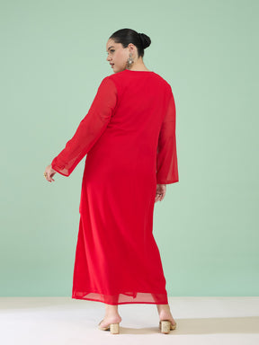 Women Red Embroidered Round Neck Full Sleeves Abaya Dress