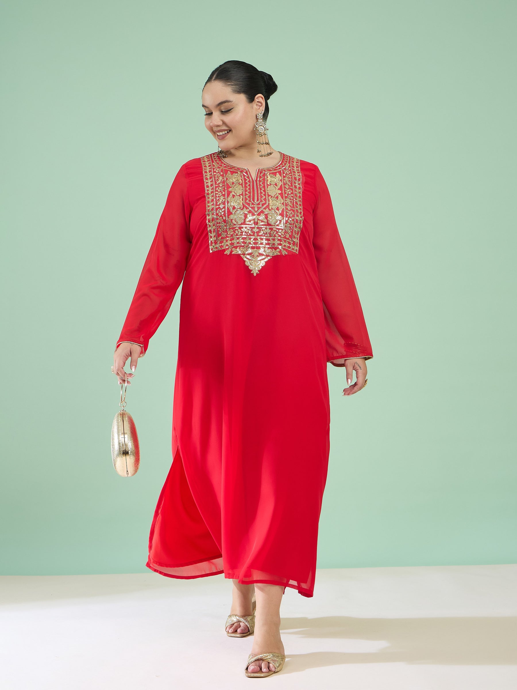Women Red Embroidered Round Neck Full Sleeves Abaya Dress
