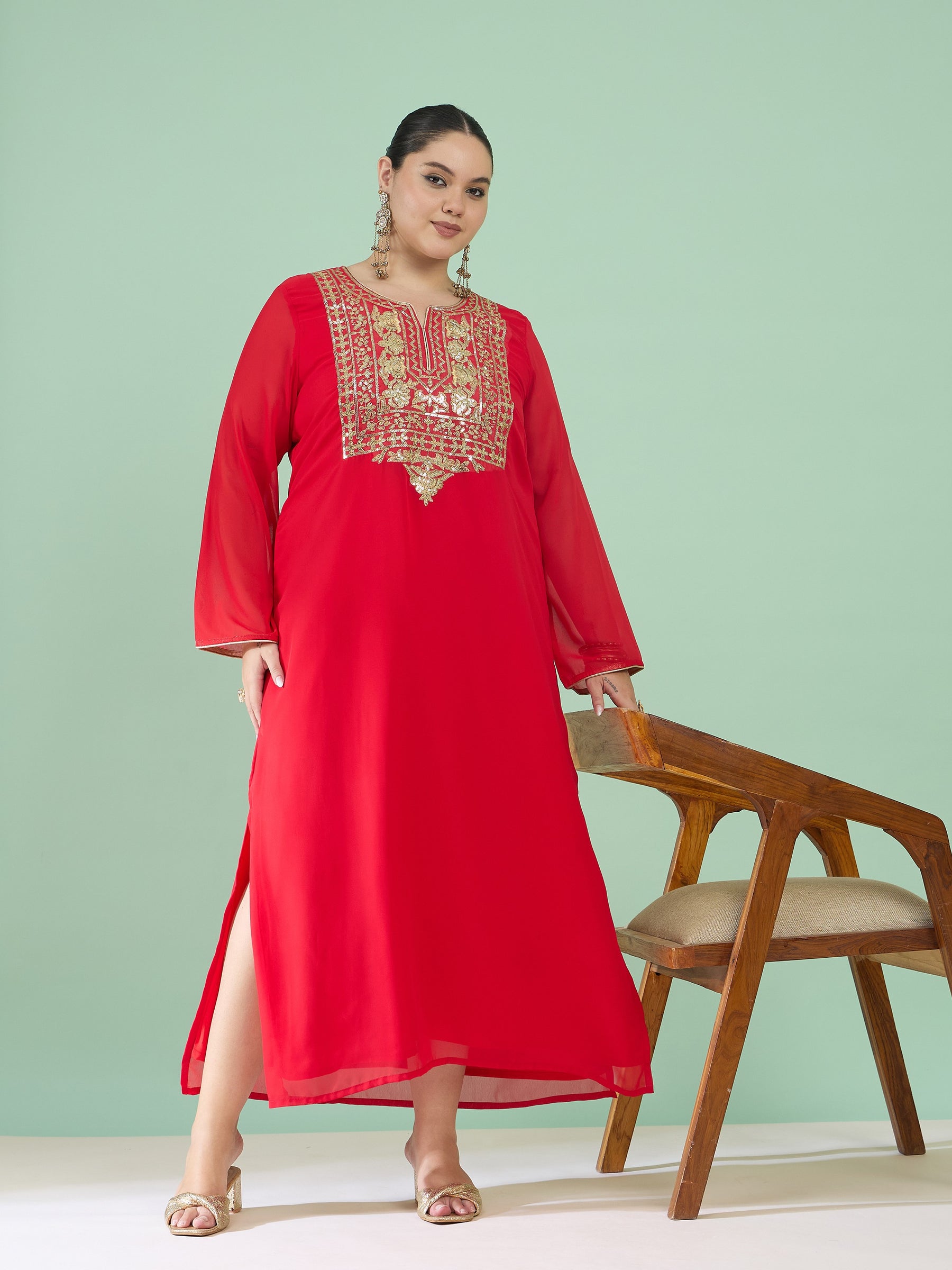 Women Red Embroidered Round Neck Full Sleeves Abaya Dress