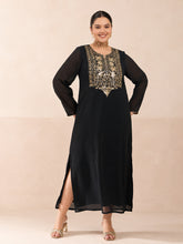 Black Embroidered Round Neck Full Sleeves Abaya Dress-Shae by SASSAFRAS