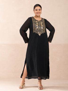Black Embroidered Round Neck Full Sleeves Abaya Dress-Shae by SASSAFRAS