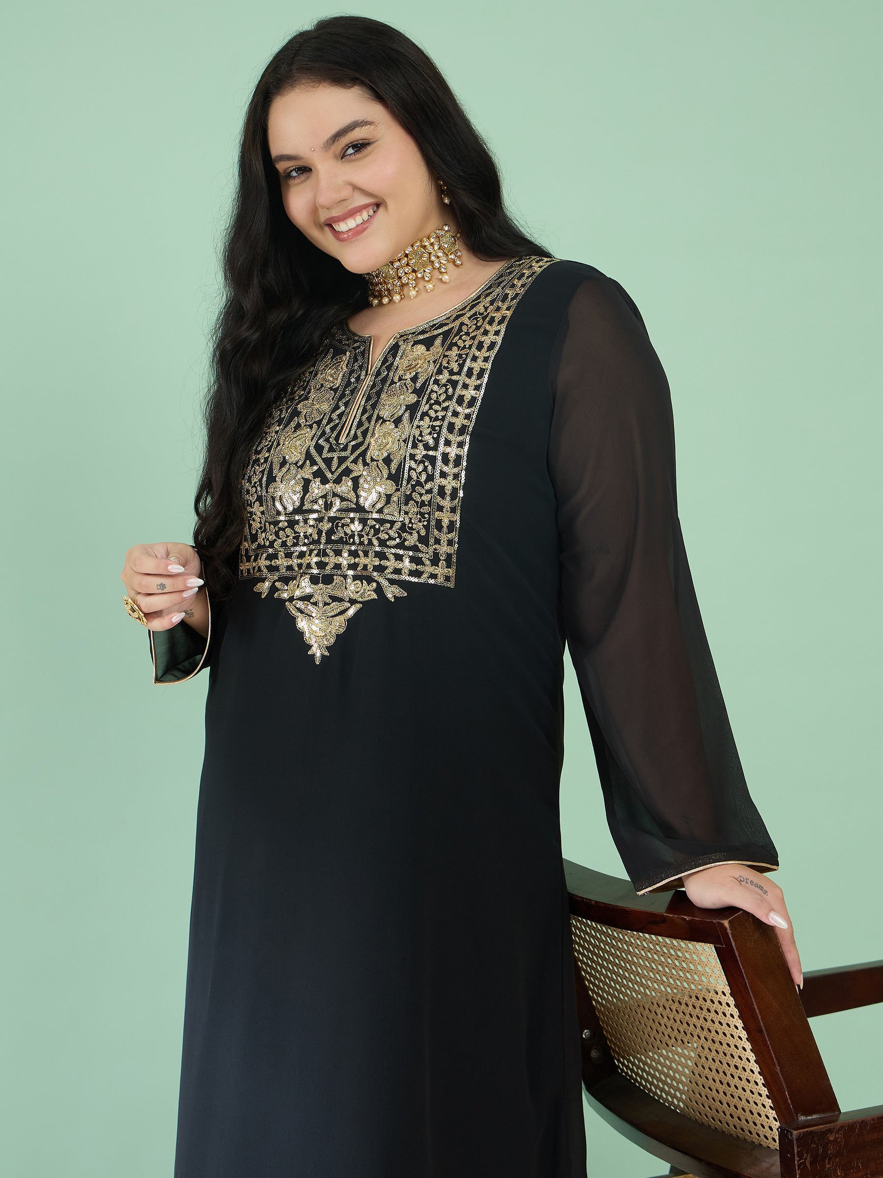 Black Embroidered Round Neck Full Sleeves Abaya Dress-Shae by SASSAFRAS