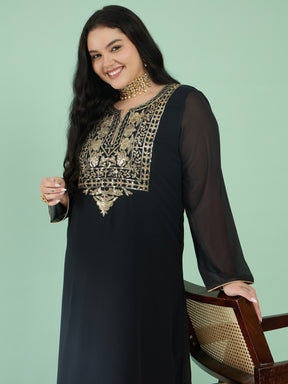 Black Embroidered Round Neck Full Sleeves Abaya Dress-Shae by SASSAFRAS