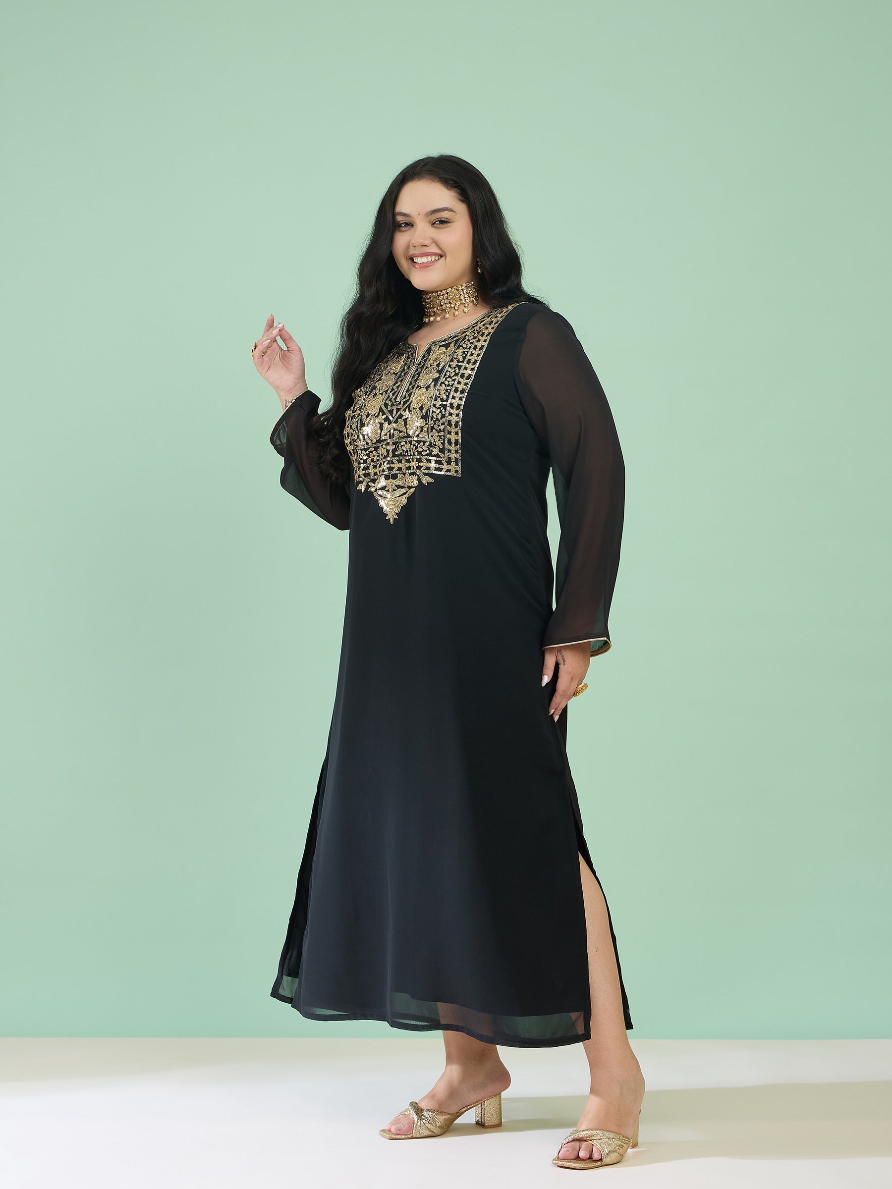 Black Embroidered Round Neck Full Sleeves Abaya Dress-Shae by SASSAFRAS