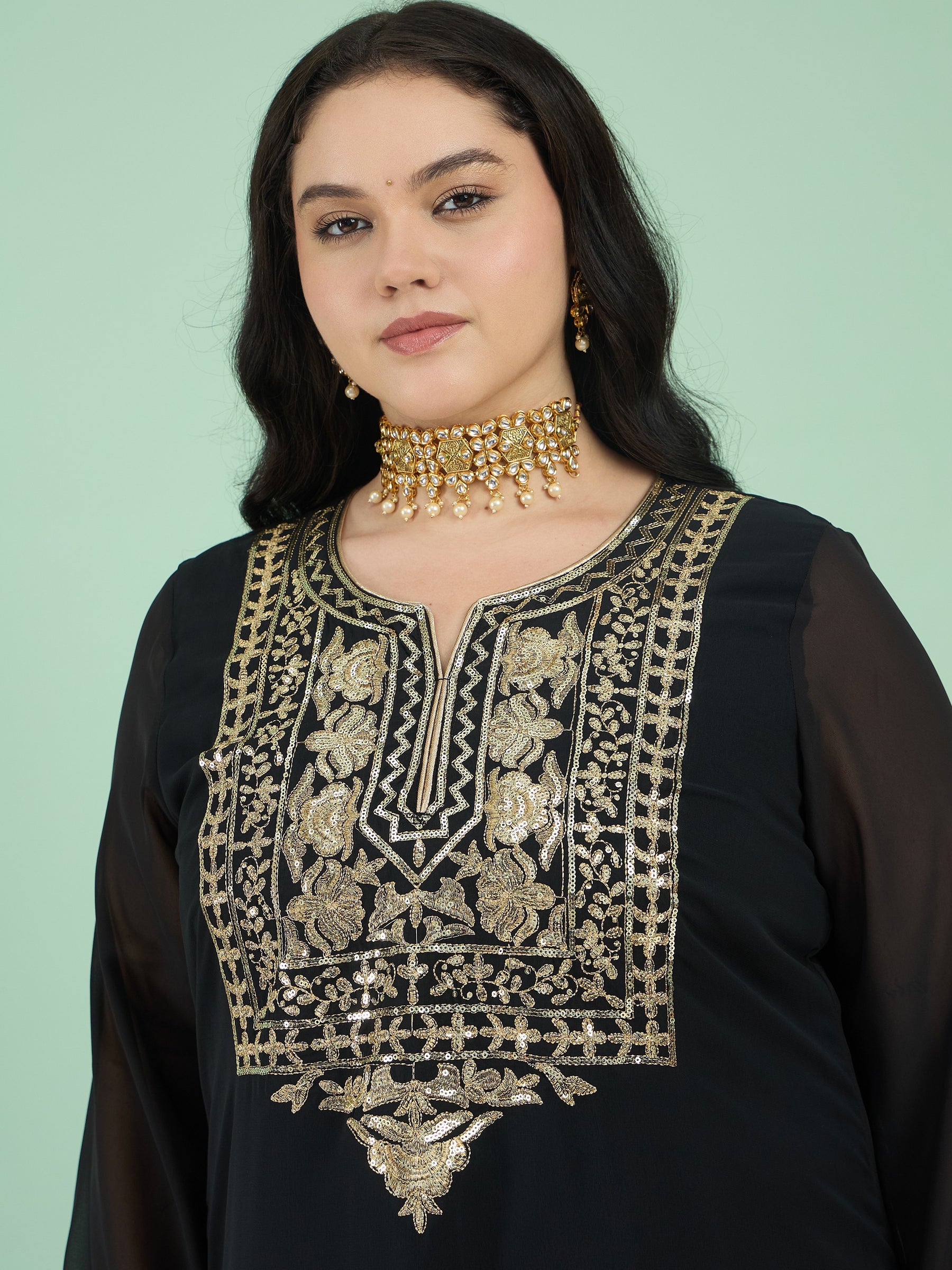 Black Embroidered Round Neck Full Sleeves Abaya Dress-Shae by SASSAFRAS