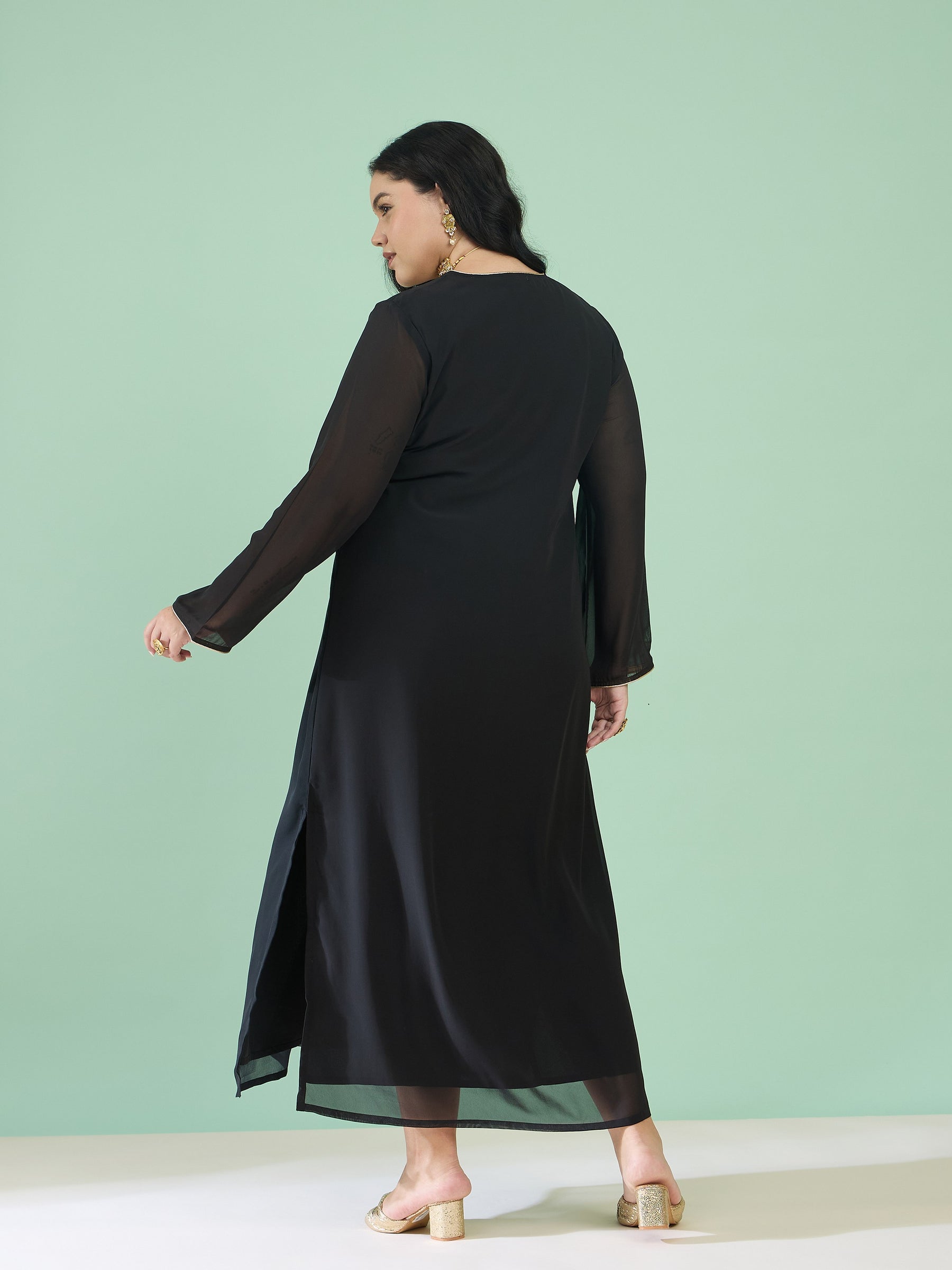 Women Black Embroidered Round Neck Full Sleeves Abaya Dress