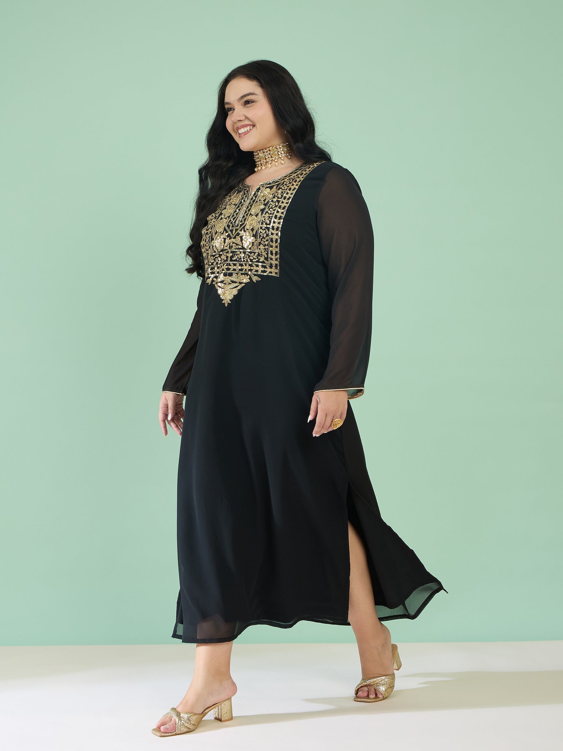 Women Black Embroidered Round Neck Full Sleeves Abaya Dress