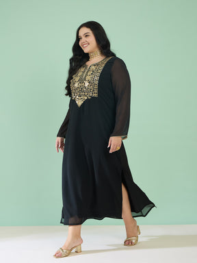 Women Black Embroidered Round Neck Full Sleeves Abaya Dress