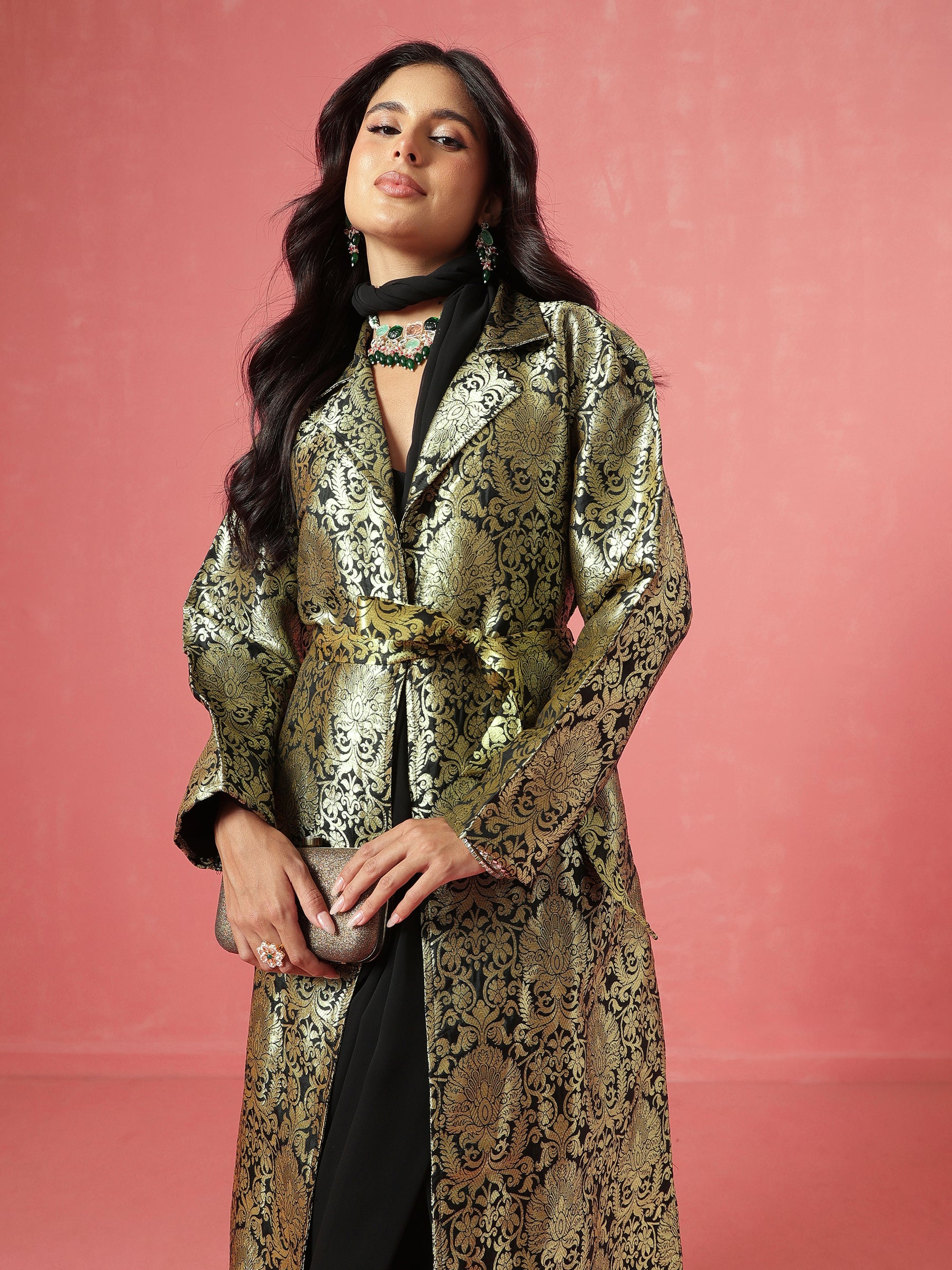 Black Brocade Notch Collar Longline Jacket-Shae by SASSAFRAS