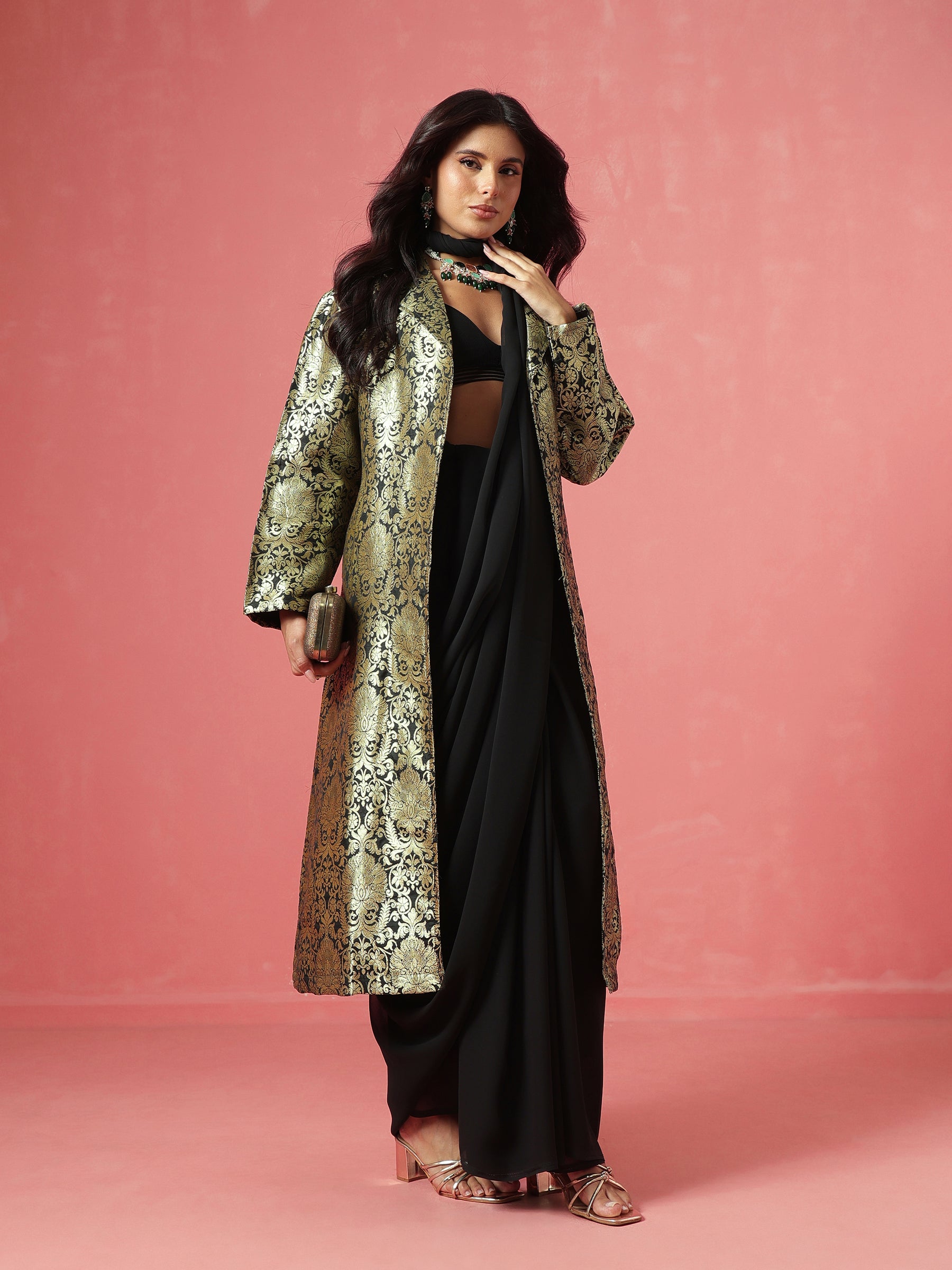 Black Brocade Notch Collar Longline Jacket-Shae by SASSAFRAS