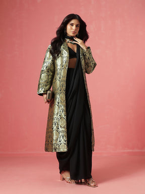 Black Brocade Notch Collar Longline Jacket-Shae by SASSAFRAS