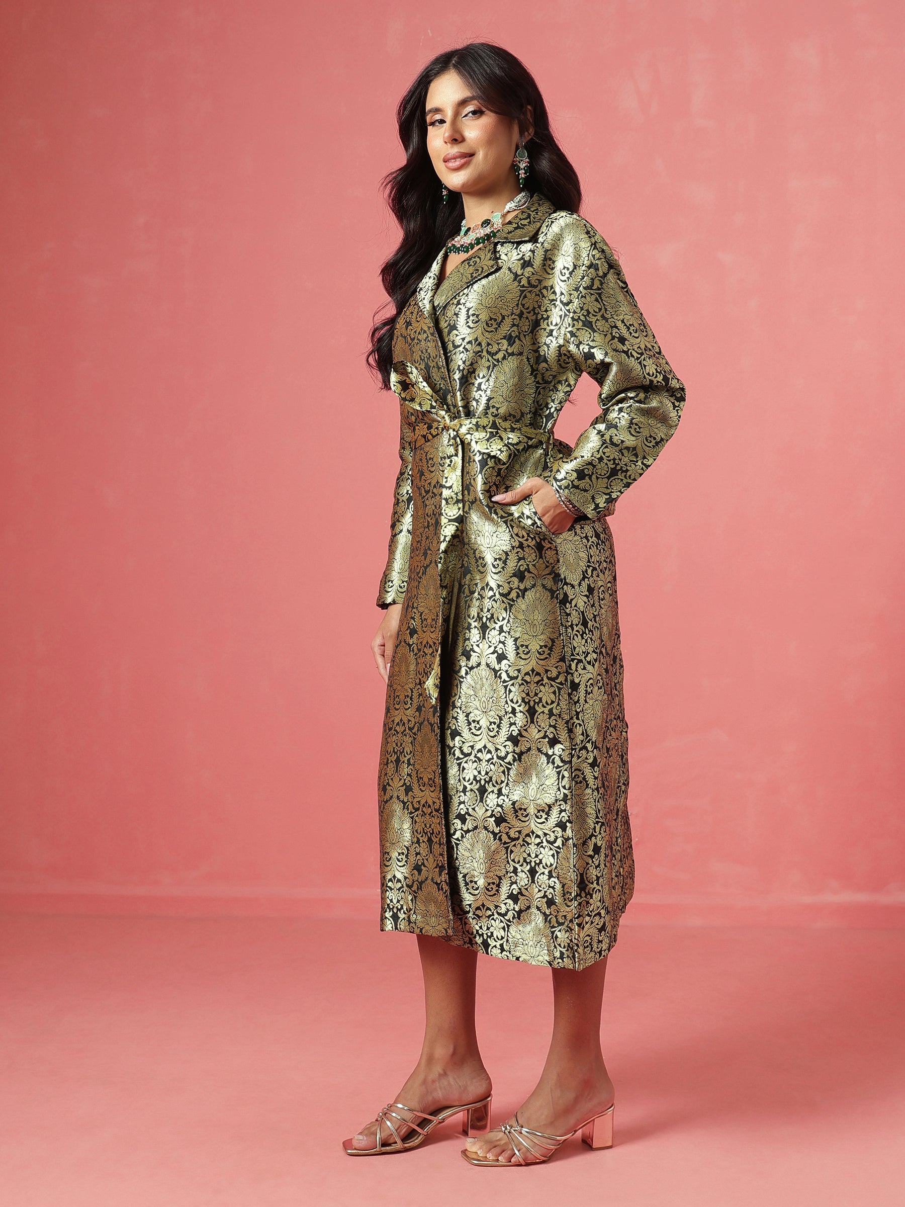 Black Brocade Notch Collar Longline Jacket-Shae by SASSAFRAS