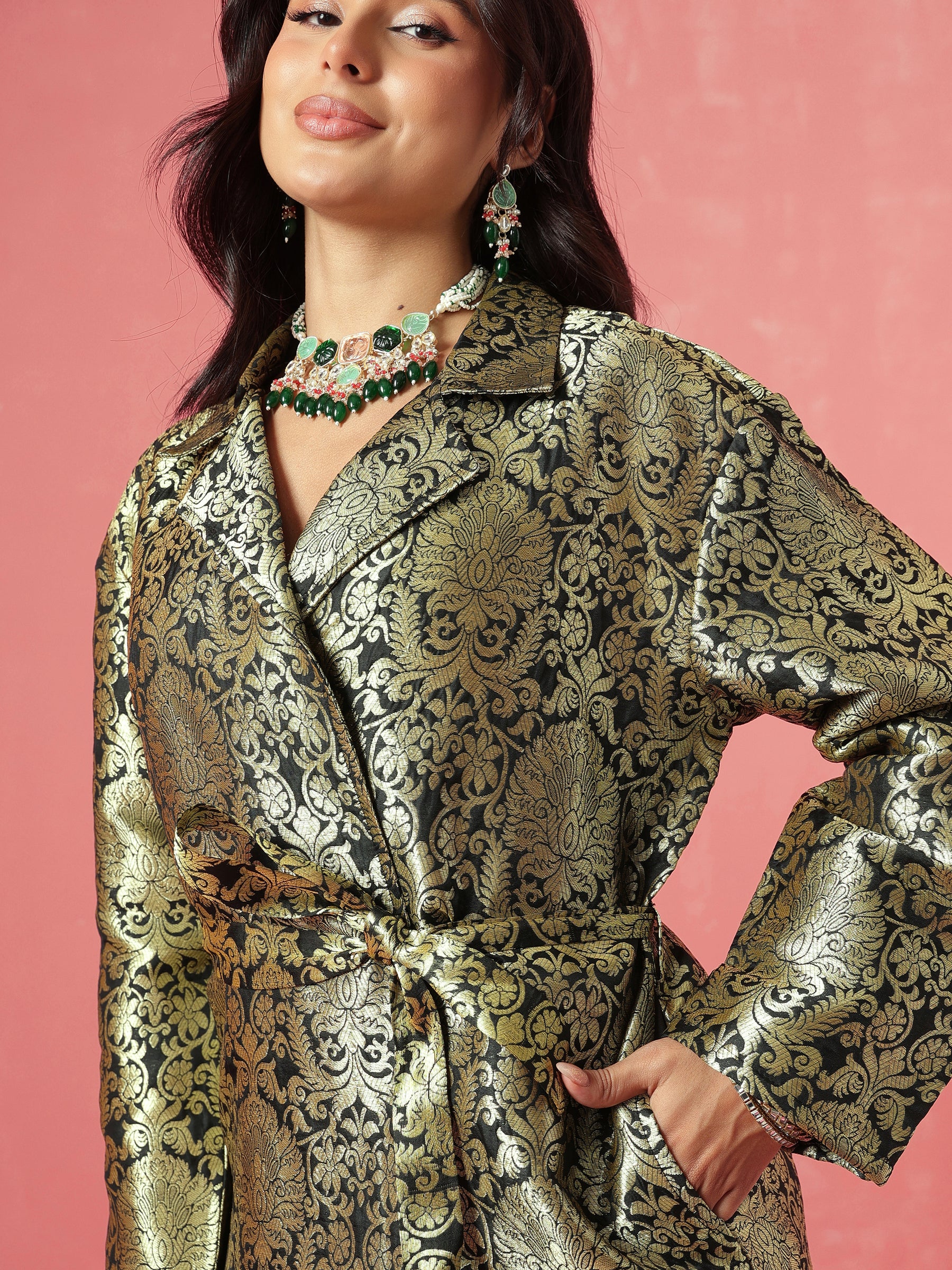 Black Brocade Notch Collar Longline Jacket-Shae by SASSAFRAS