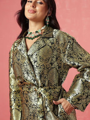 Black Brocade Notch Collar Longline Jacket-Shae by SASSAFRAS