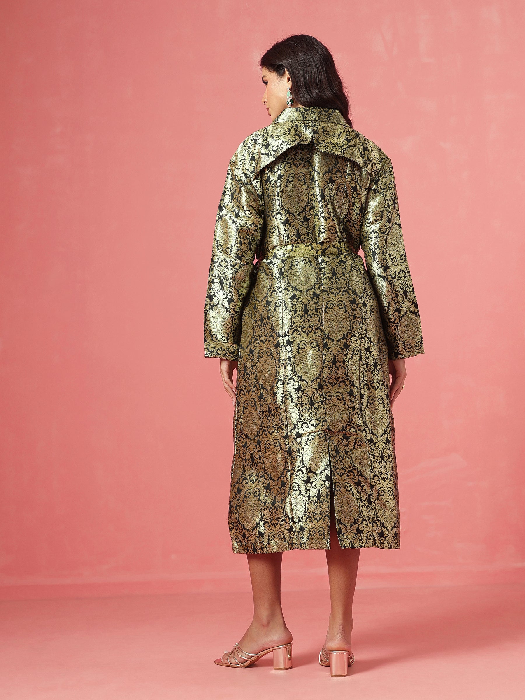 Black Brocade Notch Collar Longline Jacket-Shae by SASSAFRAS