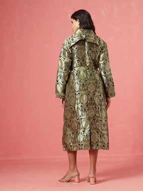 Black Brocade Notch Collar Longline Jacket-Shae by SASSAFRAS