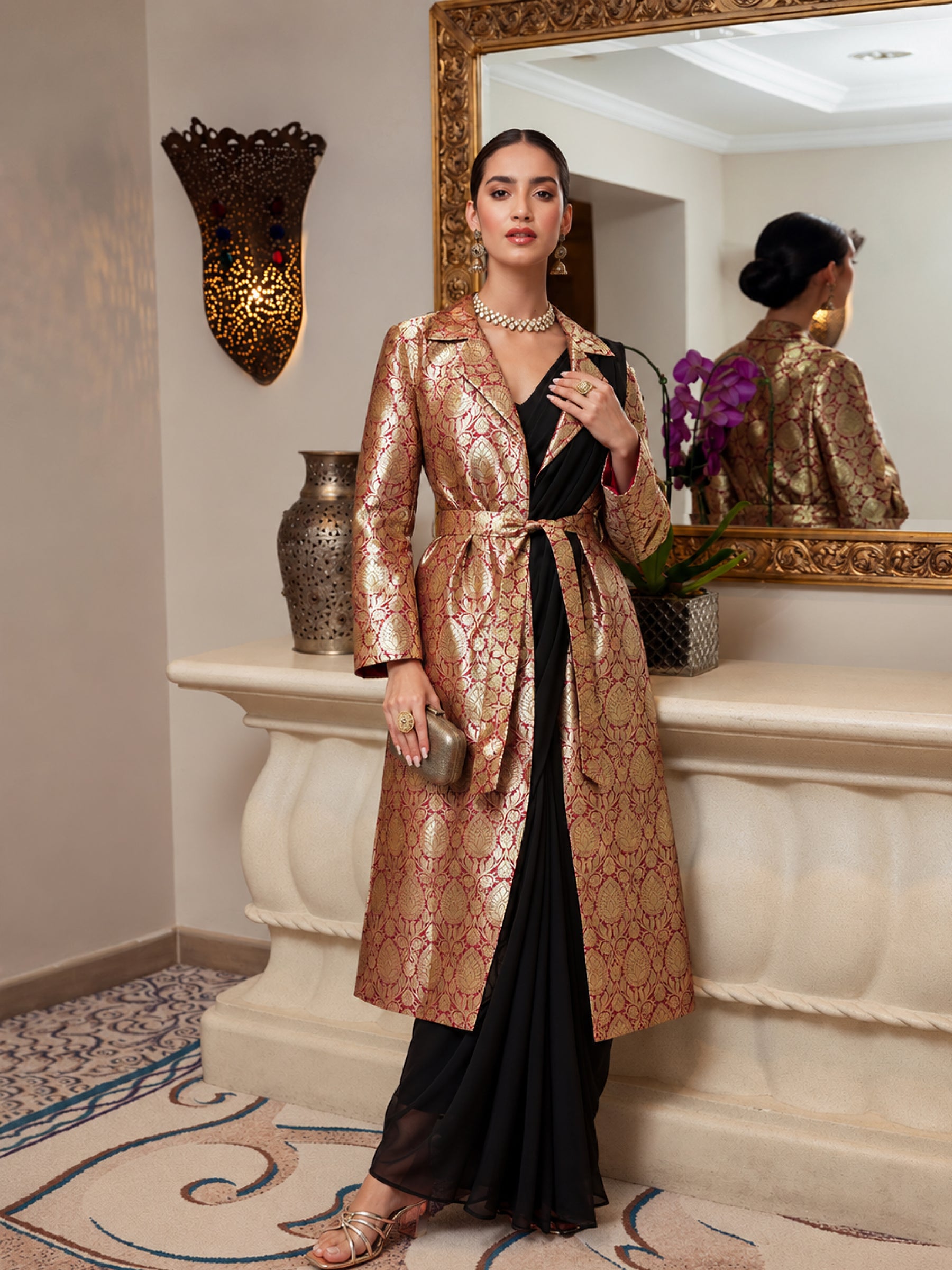 Maroon Brocade Notch Collar Longline Jacket-Shae by SASSAFRAS